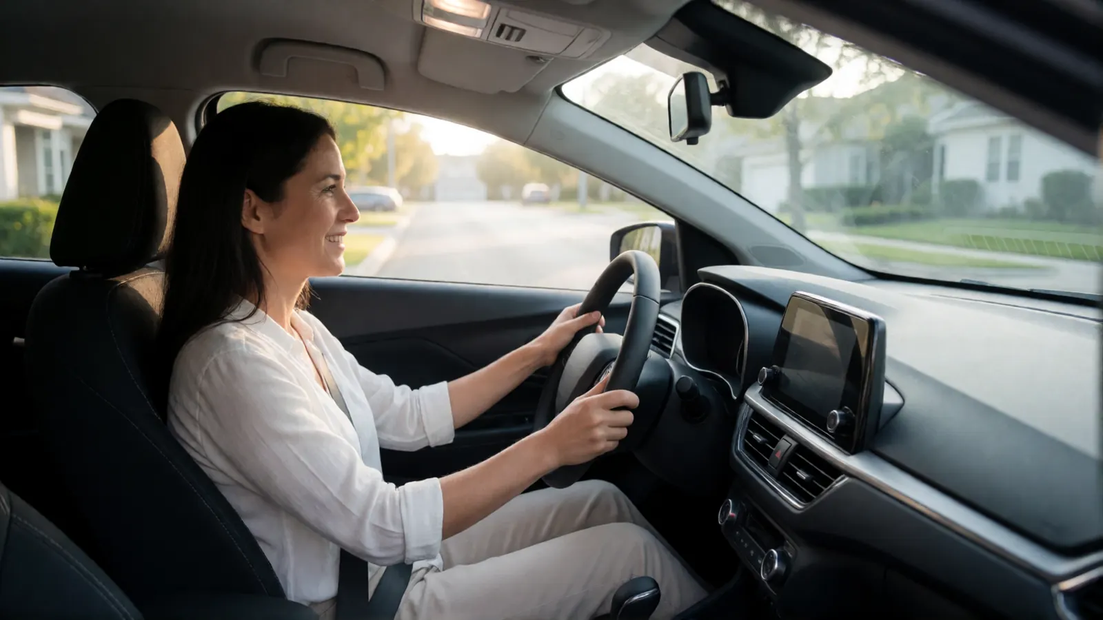 Adult student driving confidently during a private lesson