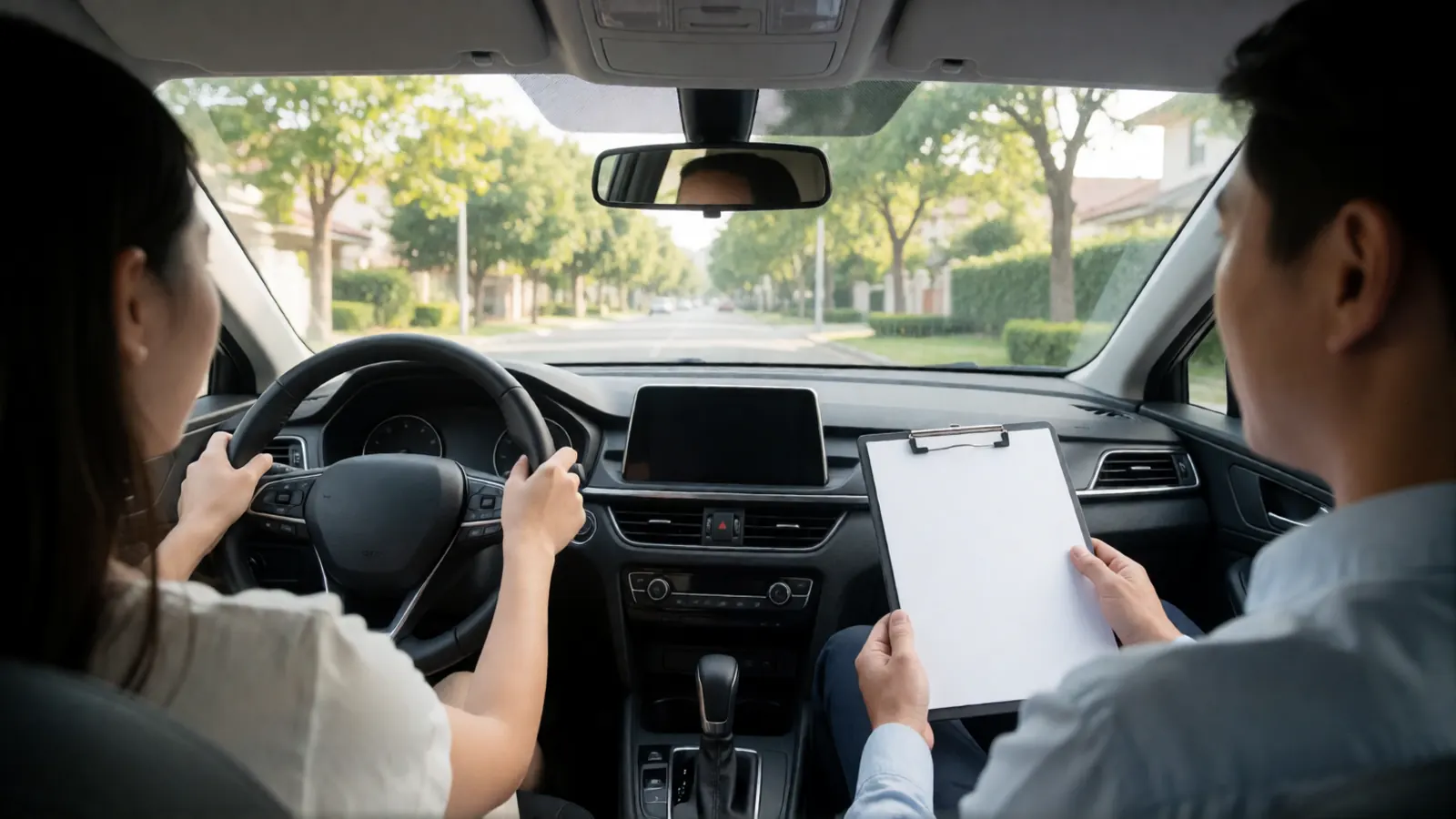 Driving instructor keeping lesson notes while the student drives