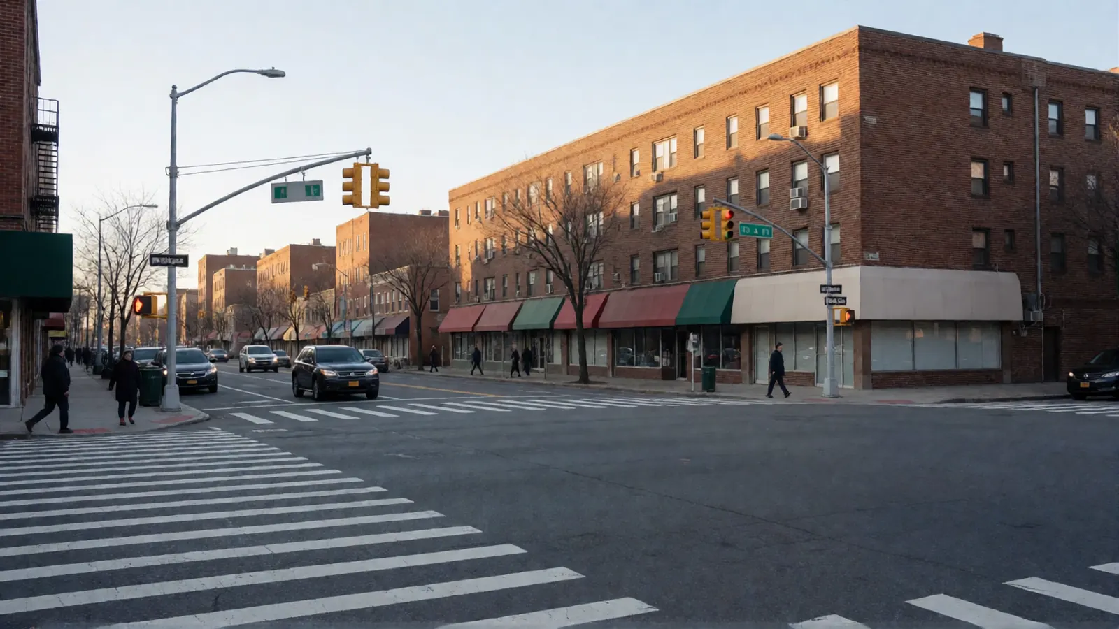 Wide city avenue with a crosswalk and traffic lights in northern New Jersey