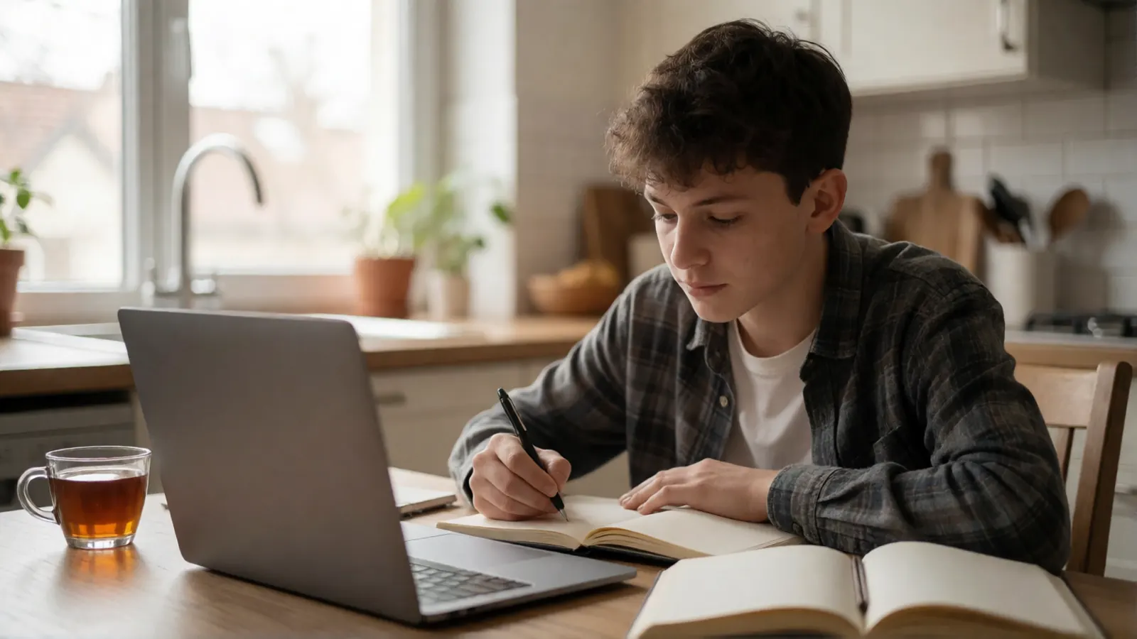 Teen studying for the New Jersey permit knowledge test at home