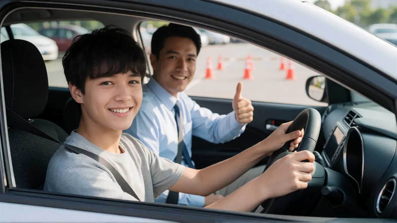 Teen student driver smiling with the instructor giving a thumbs up before the road test