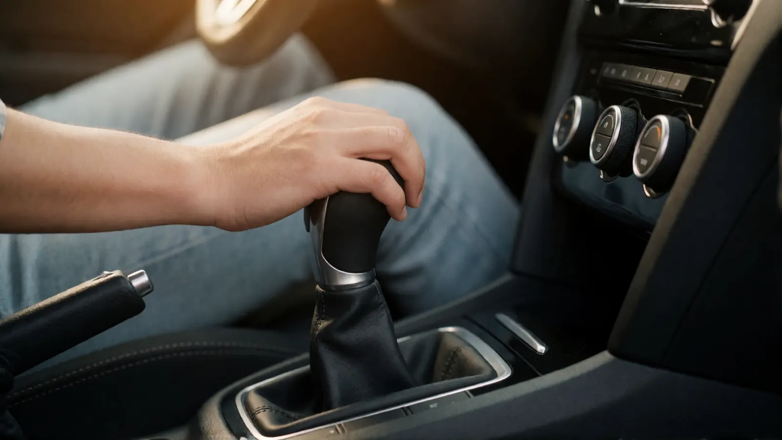 Hand on a manual gear lever during a stick shift lesson