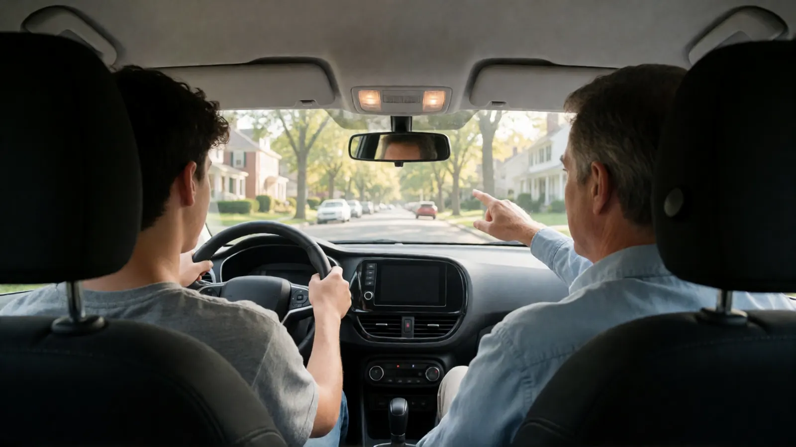 Teen student driver at the wheel while the instructor points out the road ahead on a New Jersey street