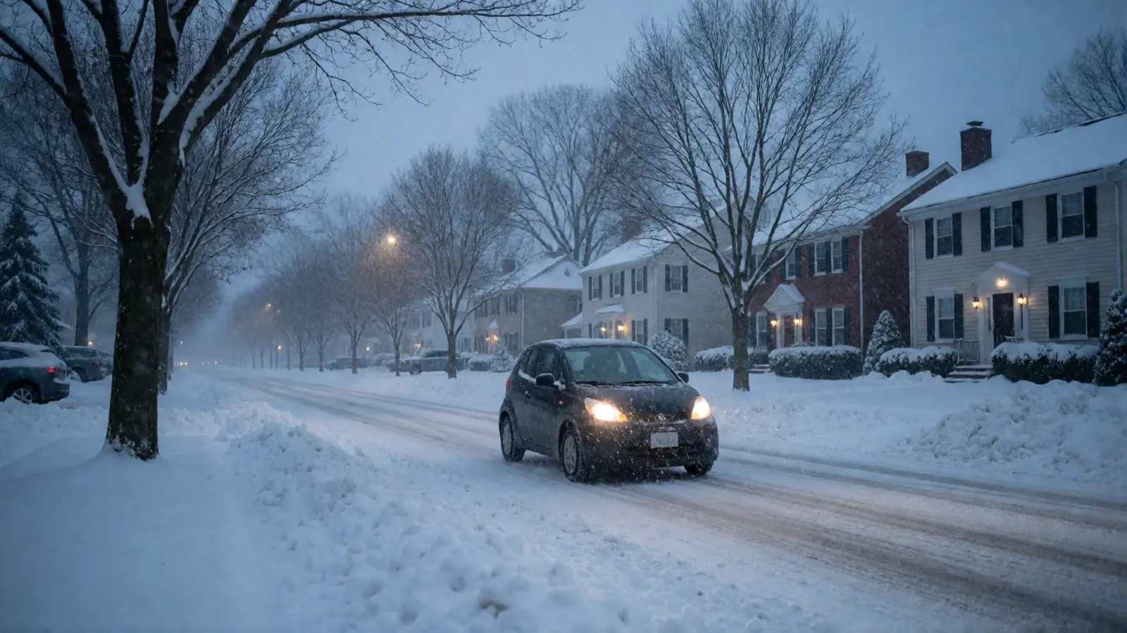 Small car driving carefully on a snowy New Jersey street at dusk